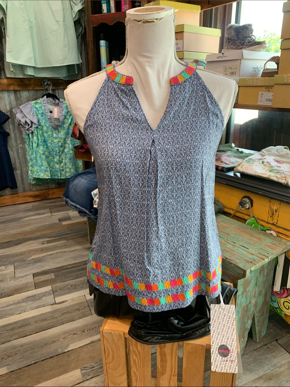 #150 THML Navy Geometric Halter Tank with Rainbow Trim